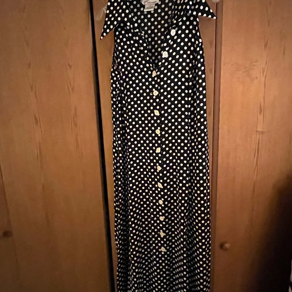 Vintage-Inspired Black & White Polka Dot Button-Front Maxi Dress
